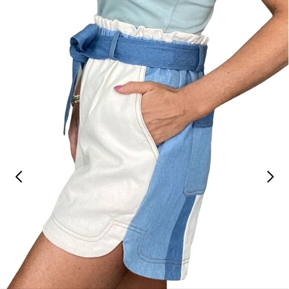 FRNCH Sylvia woven cream blue patchwork colorblock belted high rise shorts - Picture 5 of 14